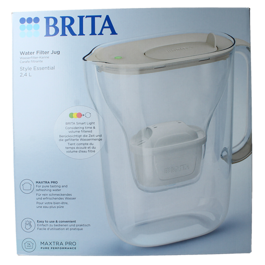 Brita Style Essential Cool sand water filter jug for cooking and dining, 1-liter capacity, with filter cartridge visible