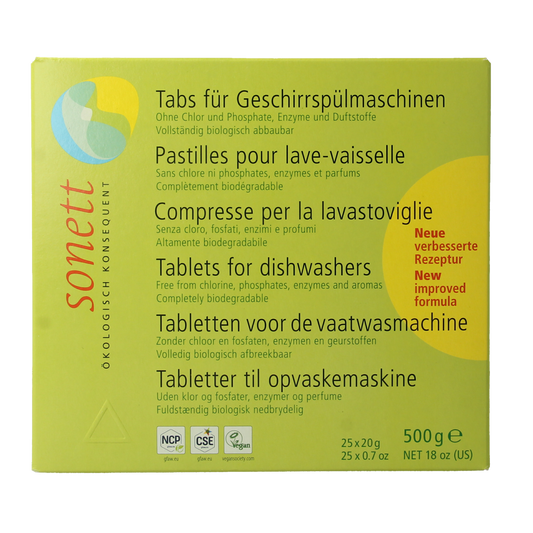 Sonett Vaatwasmachine tablet for dishwashers, eco-friendly cleaning product, 25-pack, in a sealed package.