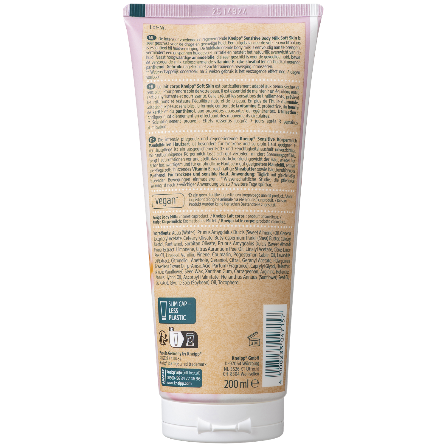 Kneipp Sensitive Body Milk in 200ml bottle, moisturizing body care product for soft skin with gentle formula