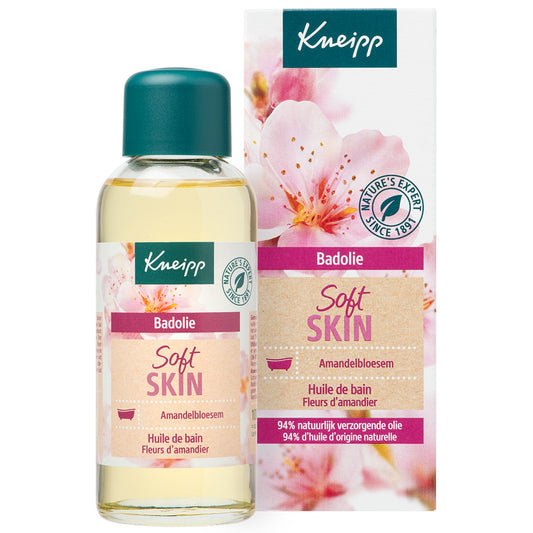 Kneipp almond blossom bath and shower oil in 100ml bottle, featuring a softening almond scent and gentle skin care properties.