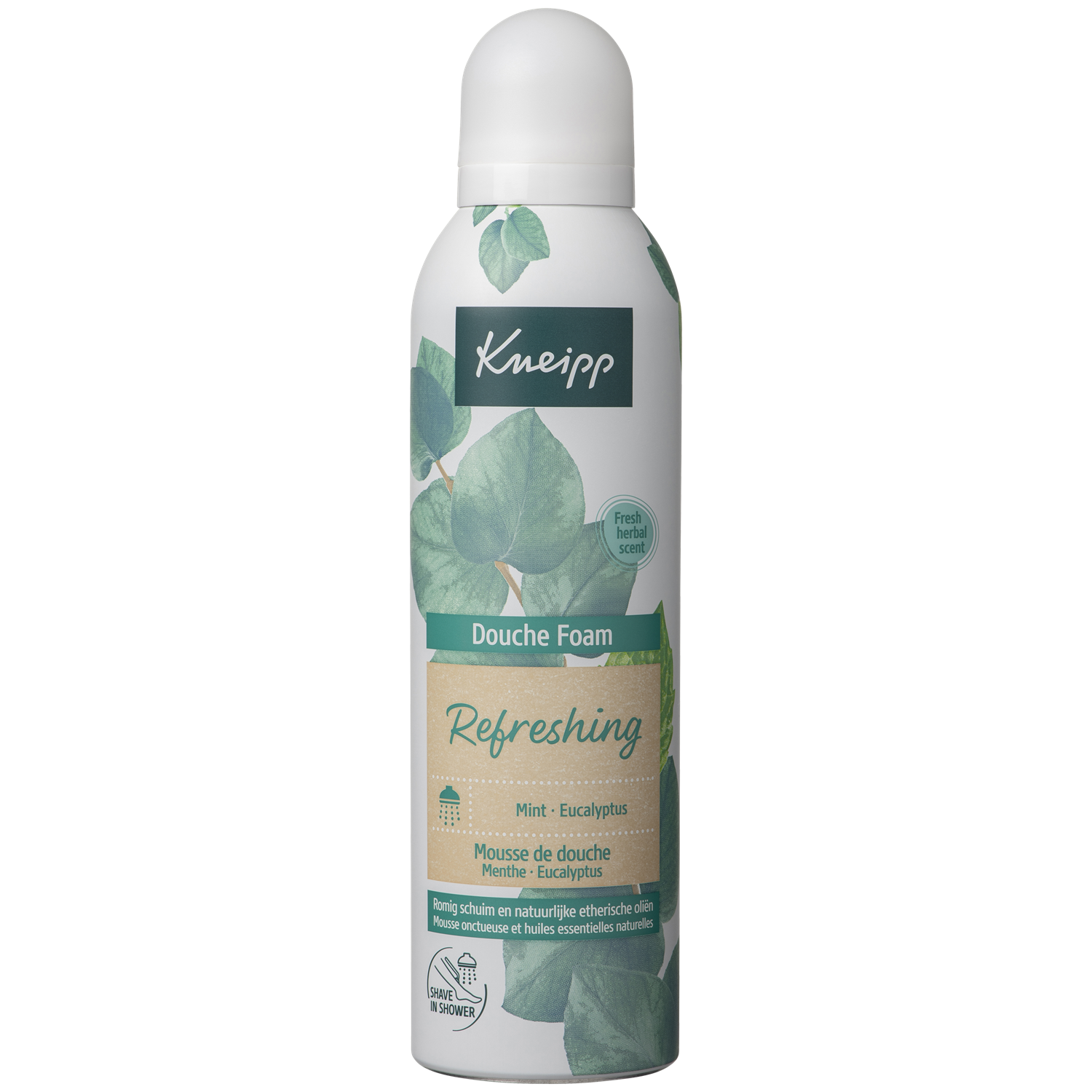 Kneipp Refreshing Douche Foam in 200ml bottle, gentle cleansing bad en douche with refreshing scent in a white and blue container.
