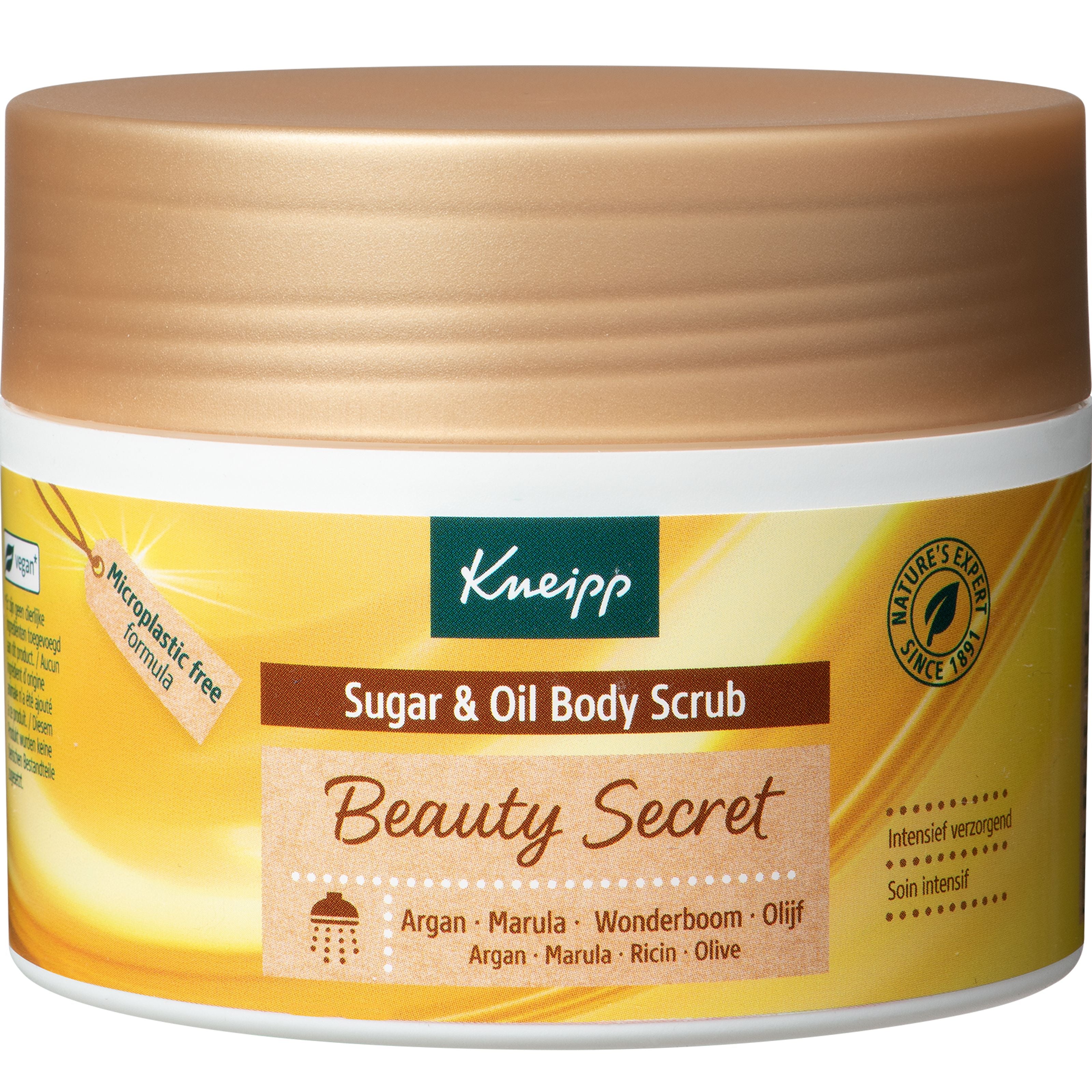 Kneipp Beauty Secret Body Scrub with sugar and oil in a 220g container, featuring a natural exfoliating texture for nourishing skin.