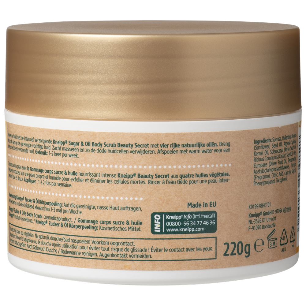 Kneipp Sugar and Oil Body Scrub in 220g jar, natural body care product with exfoliating sugar and nourishing oils.