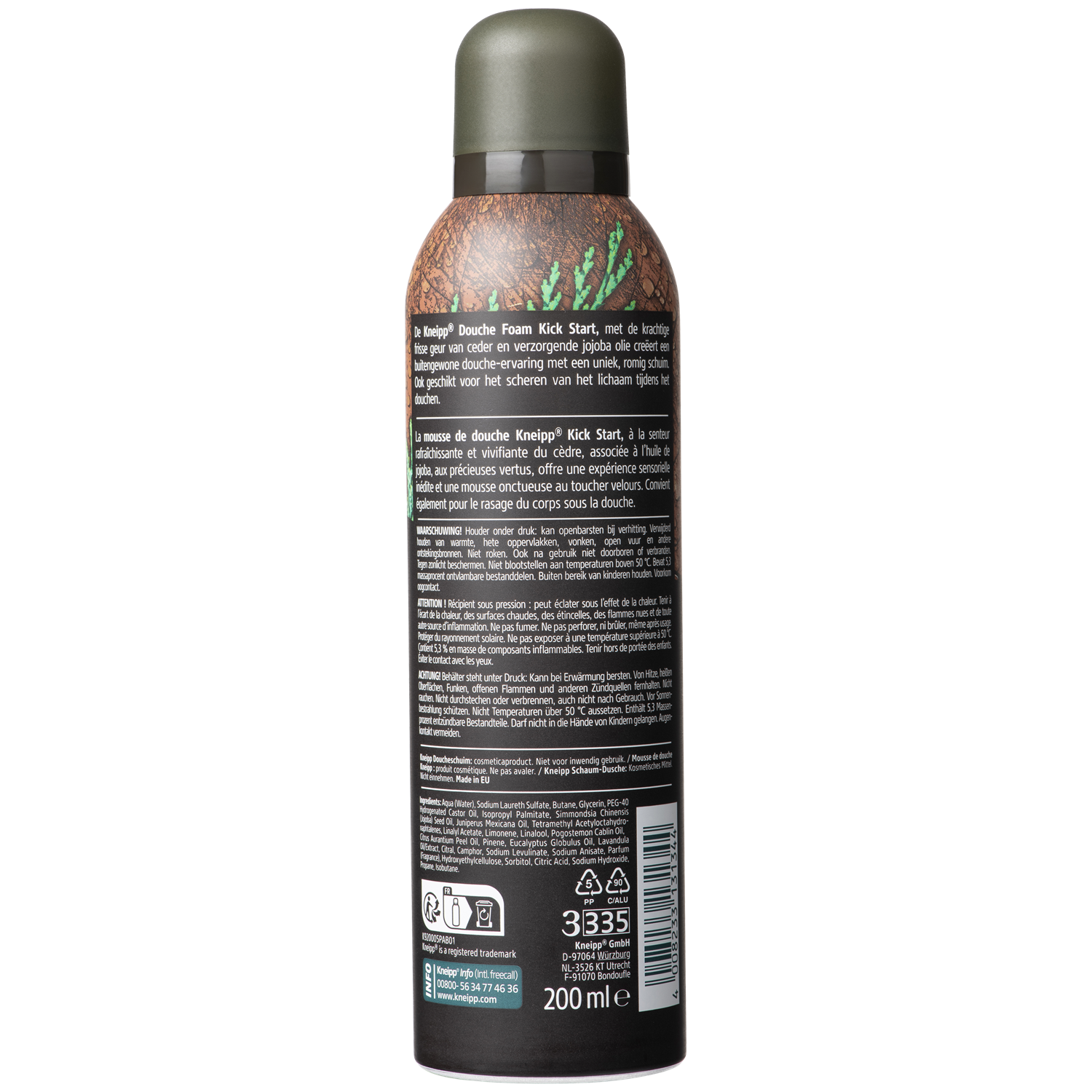 Kneipp Men Kick Start douche foam in a 200ml bottle, designed for a refreshing shower experience.