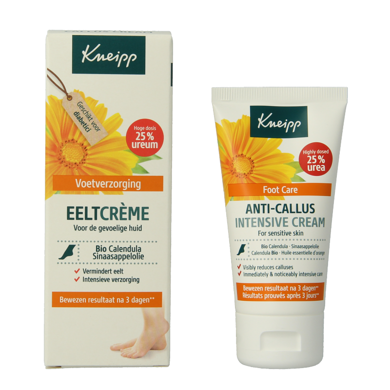 Kneipp foot care eeltcreme with calendula and orange oil in a 50ml tube for soft, smooth feet.