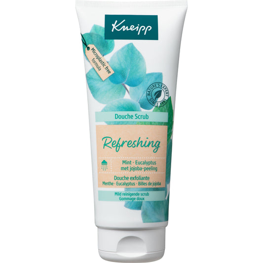 Kneipp refreshing mint eucalyptus and jojoba douche scrub bottle, 200ml, with mint and eucalyptus ingredients visible.