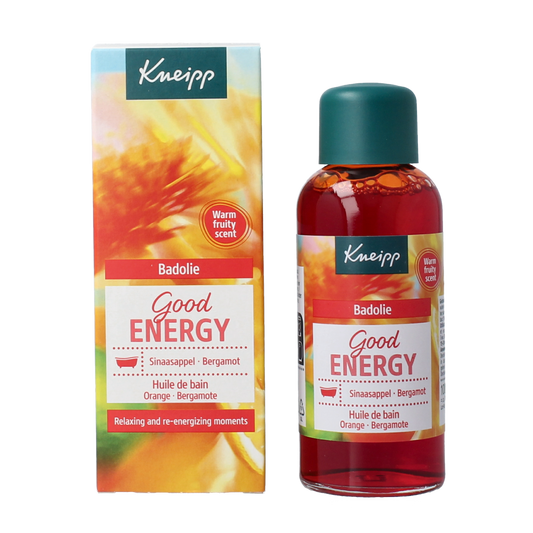 Kneipp Good Energy bath and shower oil bottle, 100ml, with natural ingredients and vibrant labeling for invigorating bath experience.