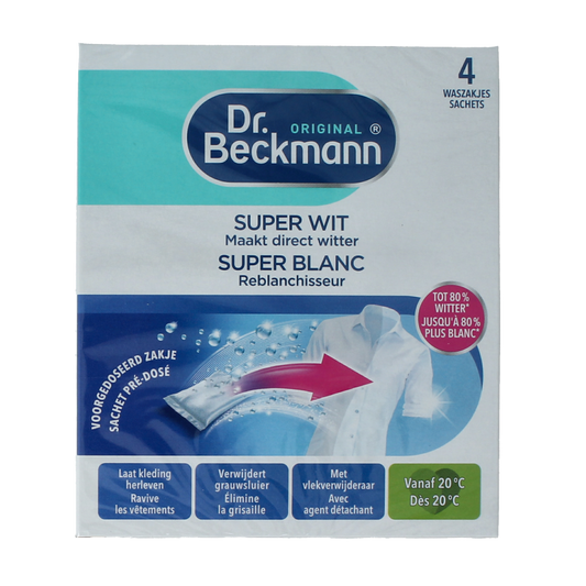 Dr.Beckmann Super Wit laundry detergent, 40 grams, 4-piece pack, for effective cleaning of white clothes.