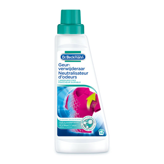 Dr. Beckmann odor remover 500ml bottle of wasmiddelen for eliminating unpleasant smells from laundry and fabrics.