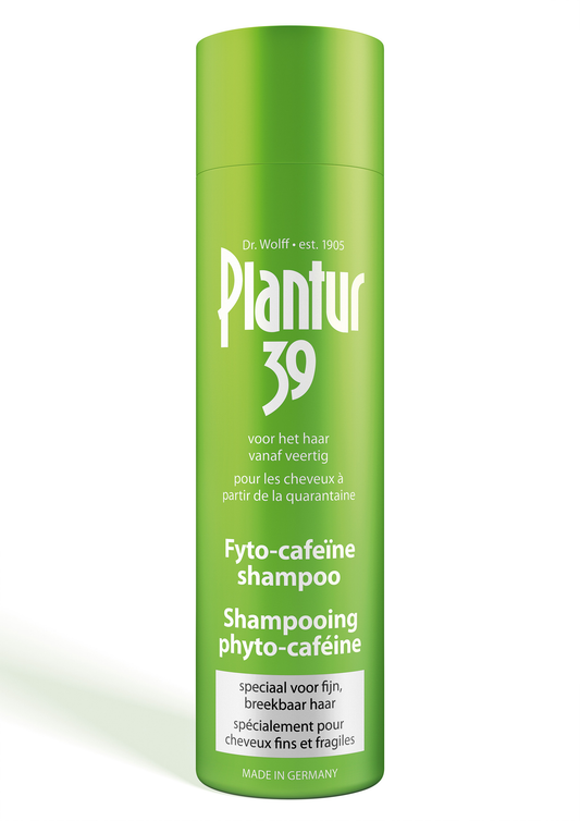 Plantur39 Caffeine shampoo for fine hair, 250ml bottle, close-up of the shampoo bottle with label visible.