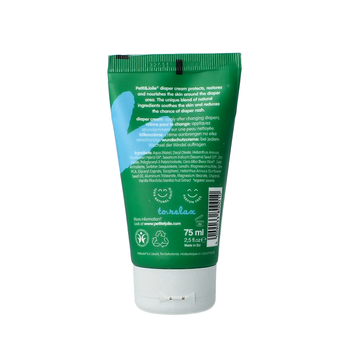 Petit et Jolie diaper cream zinc ointment in a 75ml tube, suitable for baby and toddler skin care, with a simple, clean packaging design.