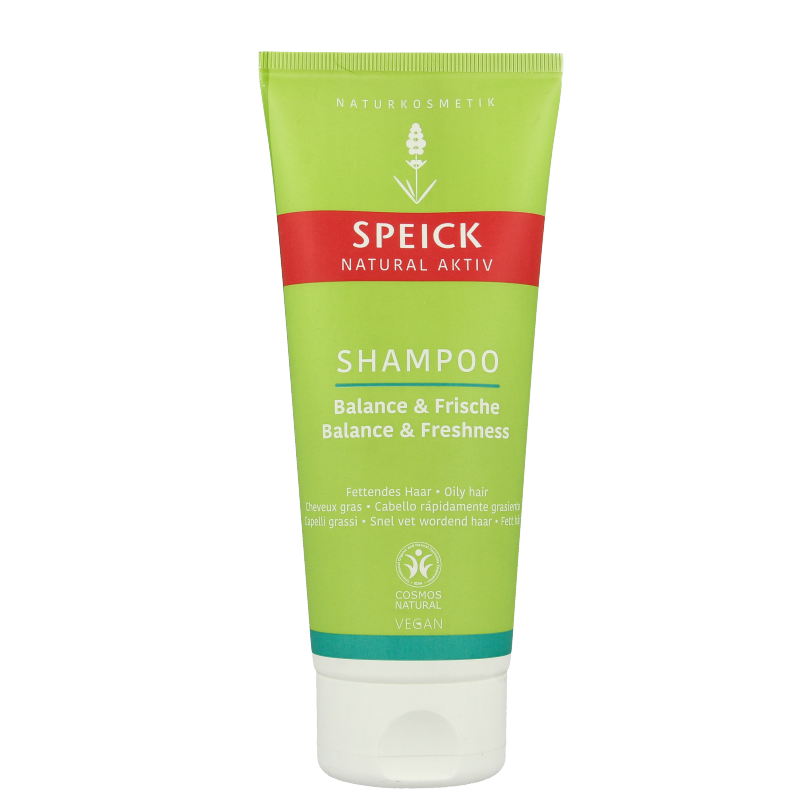 Speick Natural aktiv shampoo balans&verfrissend bottle, 200ml, with label displaying natural ingredients and brand logo.