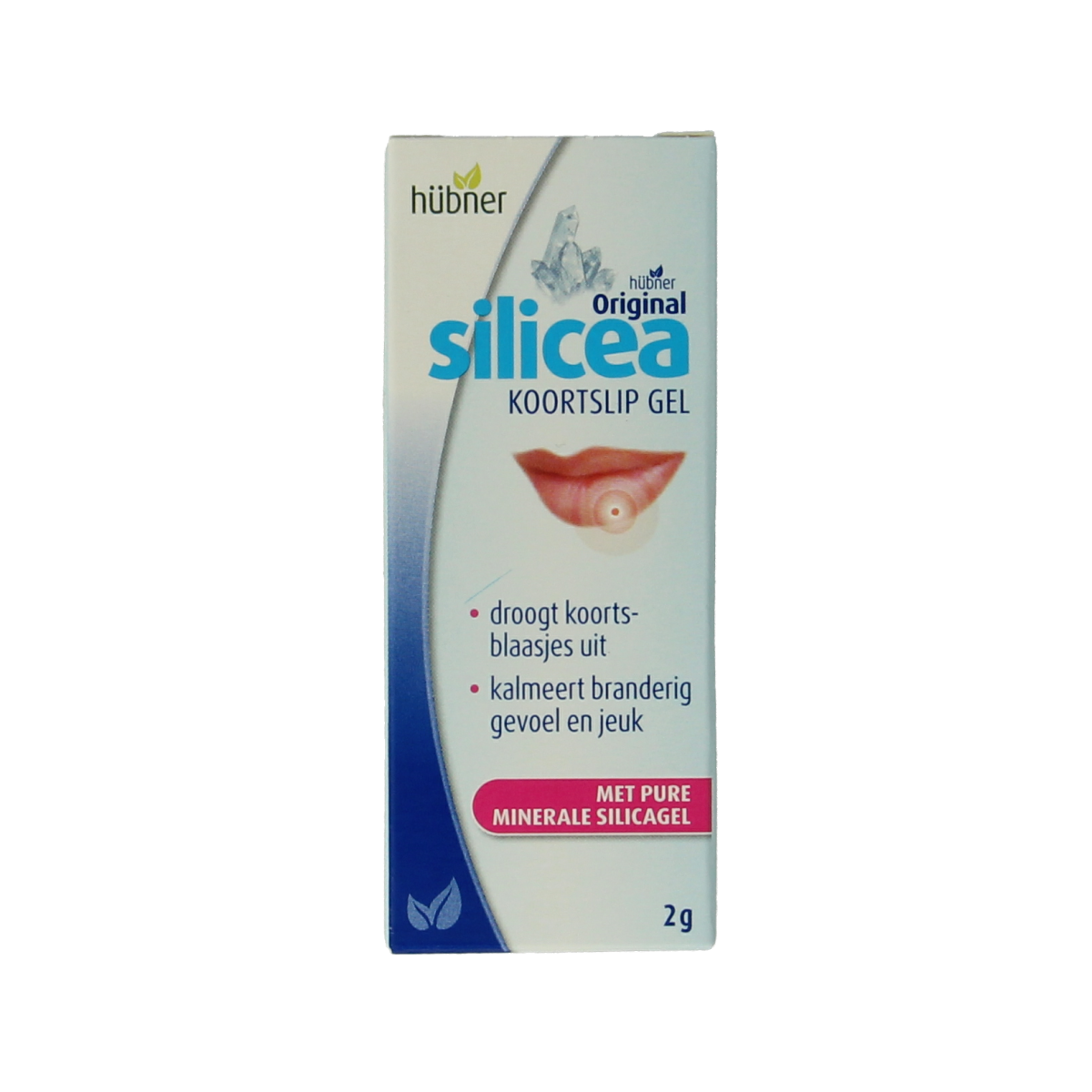 Hubner Silicea koortslip gel in a 2g tube, lip care product for cold sores with natural silica ingredients.