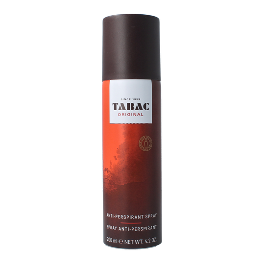 Tabac Original anti-perspirant spray bottle, 200ml, with classic branding and silver cap, for freshness and odor protection.