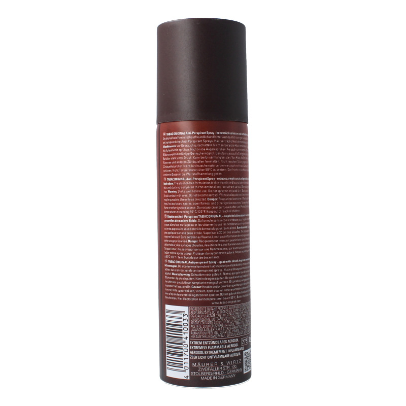Tabac Original anti-perspirant spray bottle, 200ml, with classic packaging and branding for men's deodorant and fragrance protection.