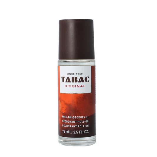 Tabac Original deodorant roll-on bottle, 75ml, with classic packaging and white cap, designed for men’s daily freshness and odor protection.