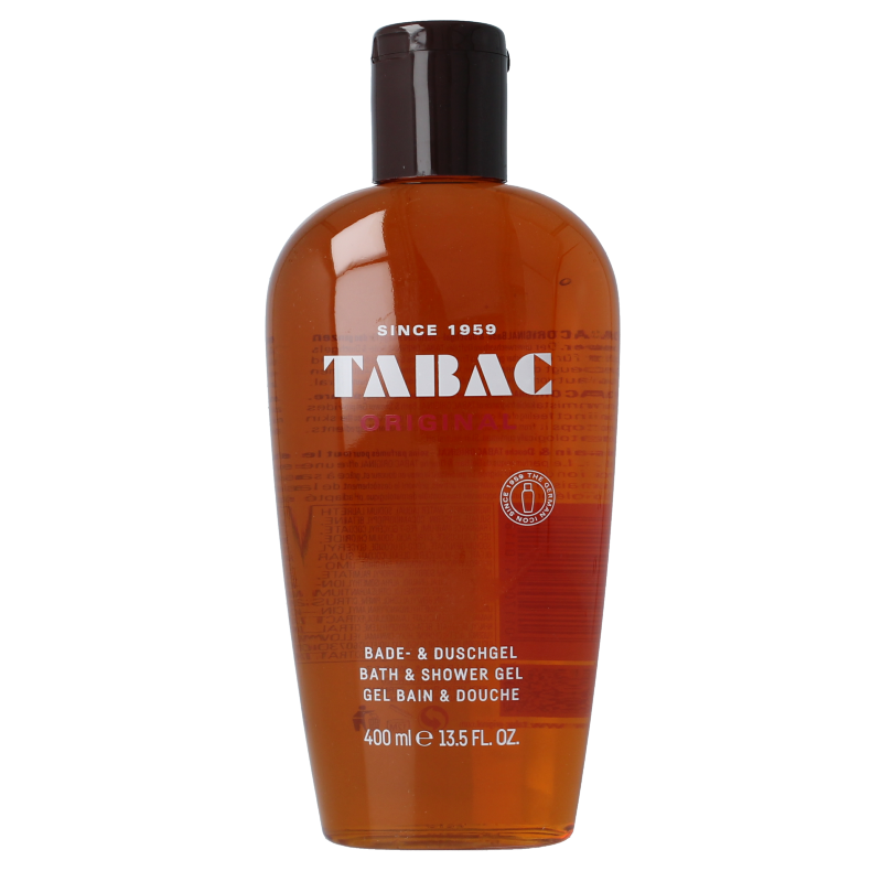 Tabac Original bath and shower gel 400ml bottle, with classic branding and clear label, designed for cleansing and refreshing skin.