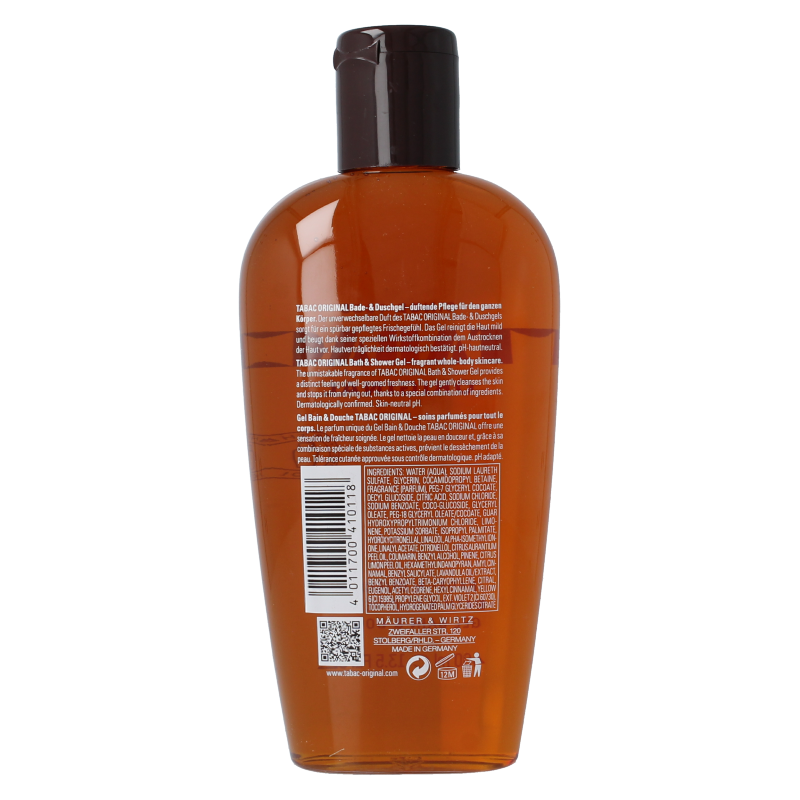Tabac Original bath and shower gel bottle, 400ml, with classic Tabac branding and sleek design for men’s grooming.