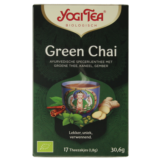 Yogi Tea Green Chai bio with 17 tea bags, featuring fresh green chai herbal blend in a colorful box.