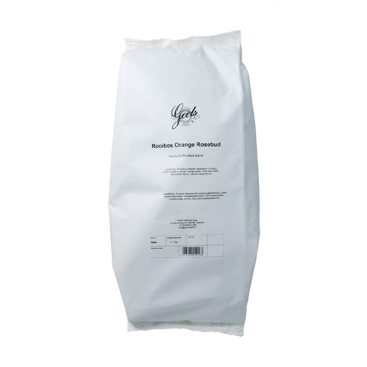 Geels Rooibos orange rosebud tea in a 1kg package, featuring dried rooibos, orange slices, and rosebuds for a fragrant herbal blend.