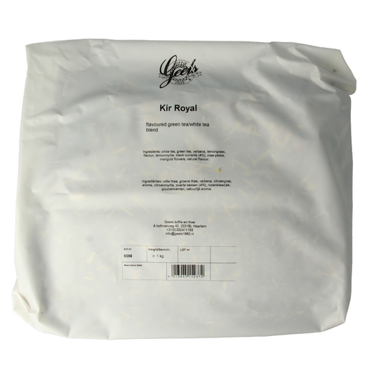 Fresh Geels Kir Royal white tea in a 1kg package, showcasing the elegant tea leaves and packaging.