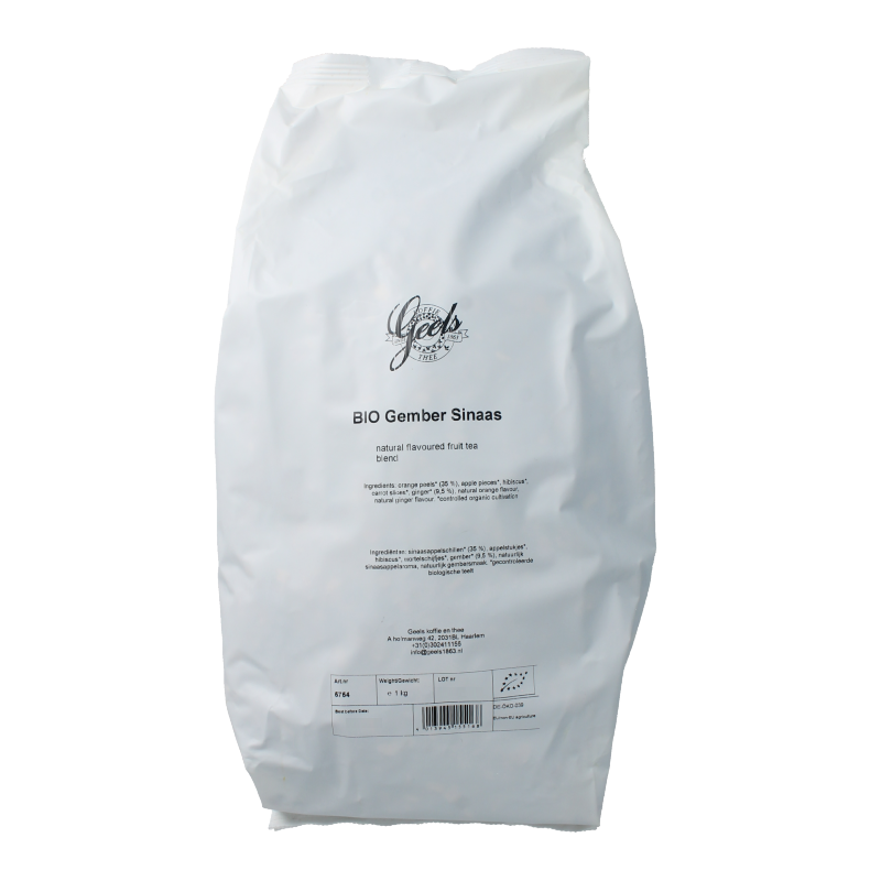 Organic ginger and orange tea blend from Geels, 1 kilogram package, fresh sliced ginger and orange pieces in a tea setting.