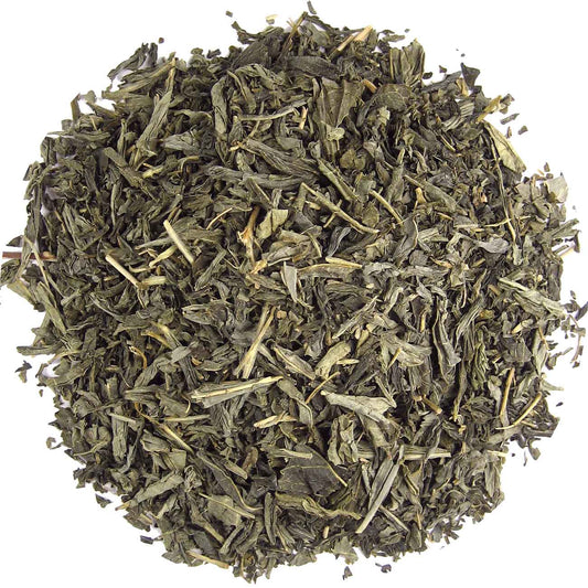 Green tea sencha caffeine-free from Geels, 1 kilogram, fresh loose tea leaves in a clear container.