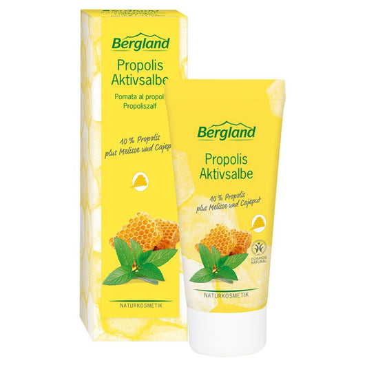 Bergland Propolis actiefzalf 30ml, natural body care cream in a tube, designed for skin nourishment and protection.