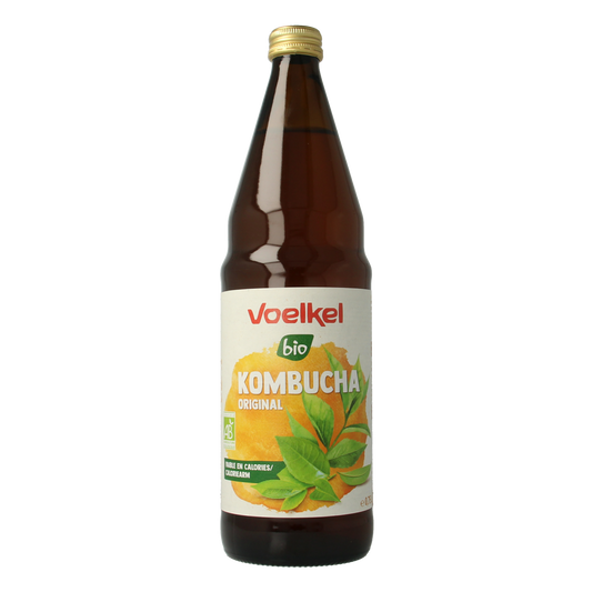Voelkel bio kombucha drink in a 750ml glass bottle, featuring a colorful label with fresh fruit illustrations.