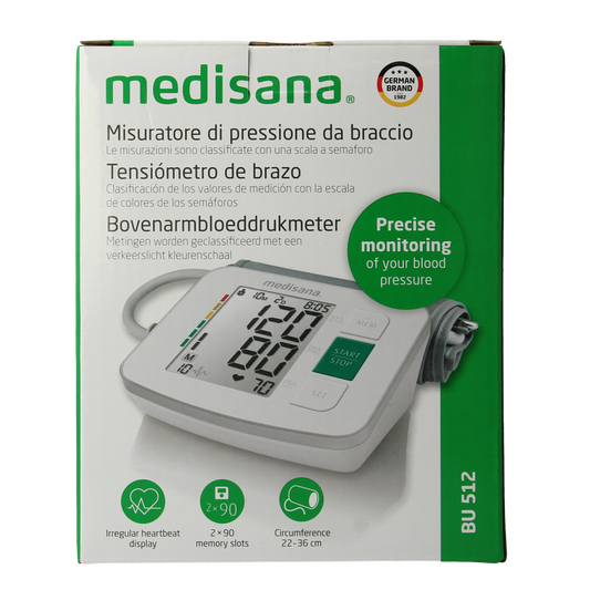 Medisana blood pressure monitor BU512 with cuff, displaying digital screen and arm cuff for accurate blood pressure measurement.