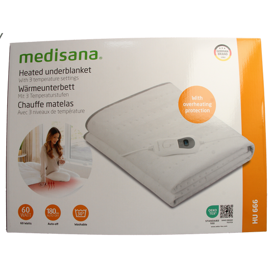 Medisana Warmteonderdeken HU 666 in bedroom setting, showing soft fabric and heating control panel for comfortable sleep.