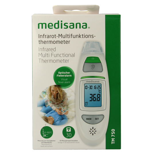 Medisana TM750 multifunction thermometer displaying digital screen and temperature reading in a close-up shot.