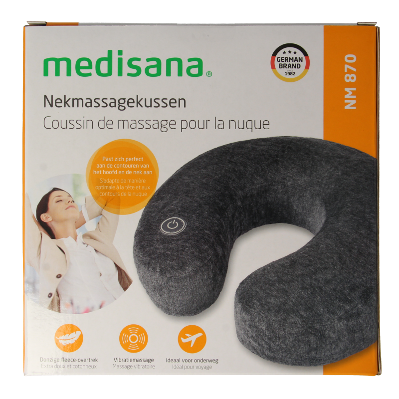 Medisana NM870 neck massage cushion showing plush fabric, control buttons, and ergonomic design for muscle and joint care.