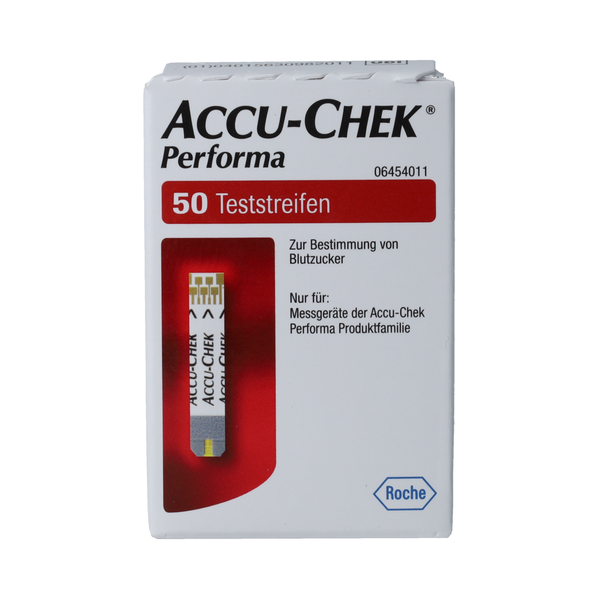 Accu-Chek Performa test strips for blood glucose meters, 50-pack, showing individual strips and packaging.