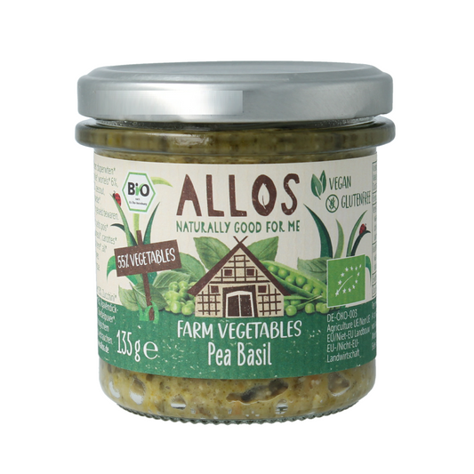 Allos Farm organic vegetable spread with peas and basil on bread, 135g jar, natural and fresh in appearance.