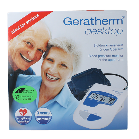 Geratherm desktop blood pressure monitor with cuff, digital display, and control buttons for accurate blood pressure measurement.