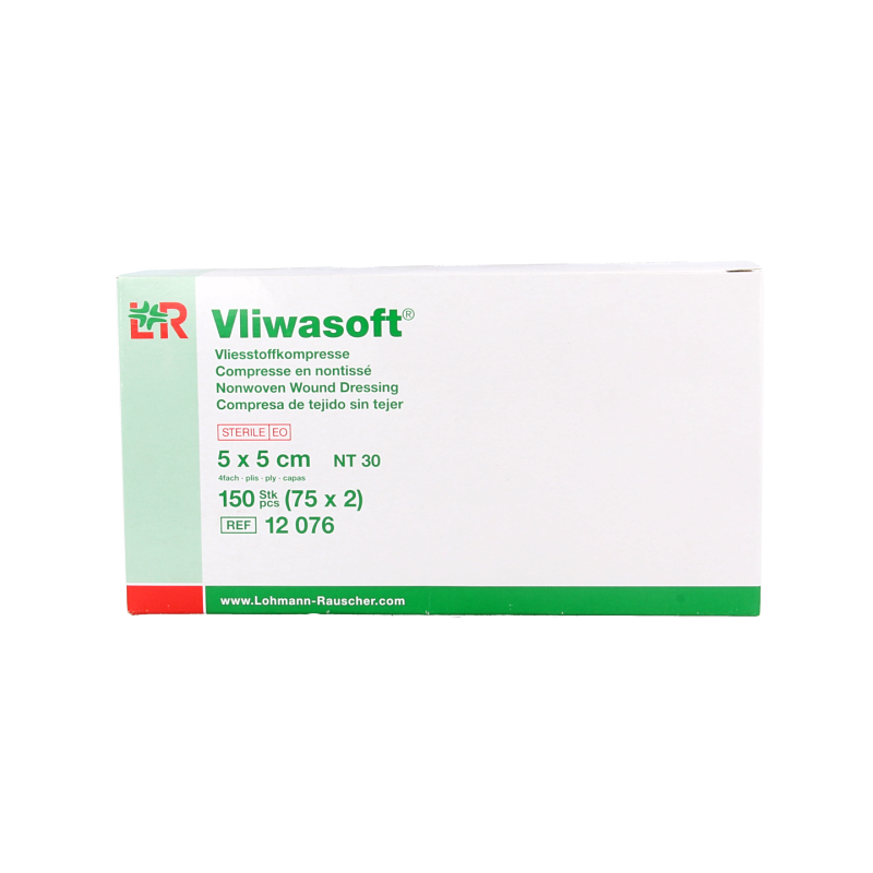 Vliwasoft Vlieskompres 5x5cm, 4-laags, sterile gauze compresses, pack of 150 for wound care.