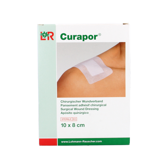 Sterile Curapor Wondpleister 10x8cm pack with 5 sterile bandages, suitable for wound care and first aid.