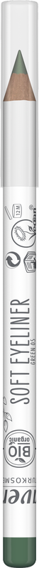 Lavera Soft Green Eyeliner 05, make-up product with green pencil and silver cap, showcasing the eyeliner's tip and packaging.