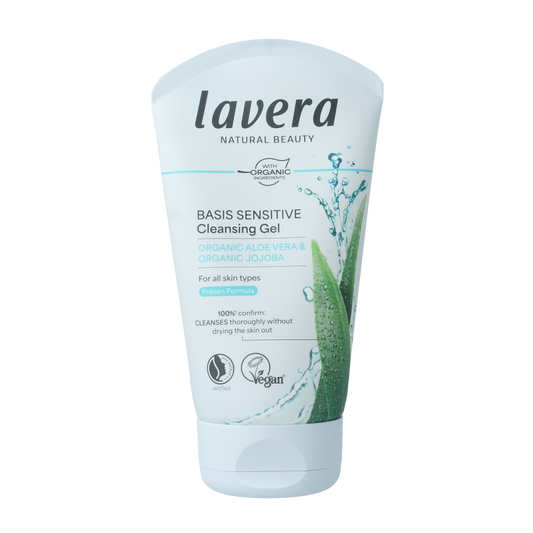 Lavera Basis Sensitive cleansing gel in a 125ml bottle, gentle facial skincare product with a clear gel texture and white packaging.