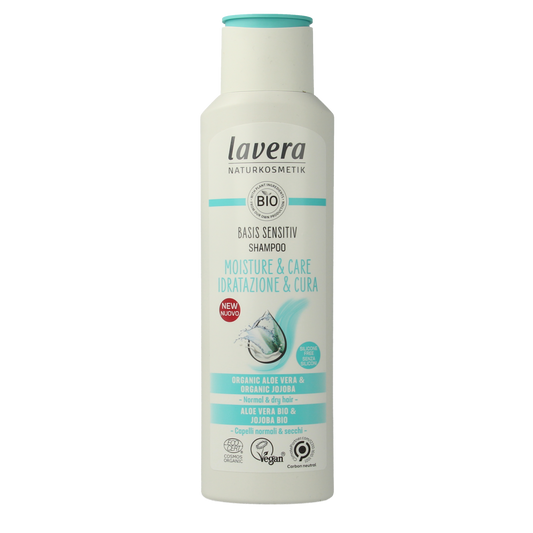 Lavera basis sensitiv moisture & care shampoo bottle with label, 250ml, for gentle hair and scalp care.