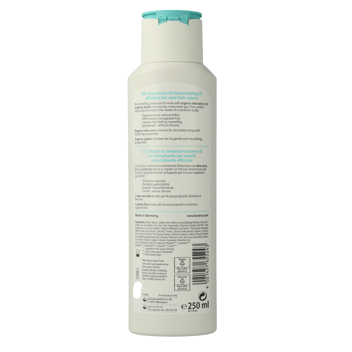 Lavera basis sensitiv moisture and care shampoo bottle, natural haircare product for sensitive scalp, 250ml.