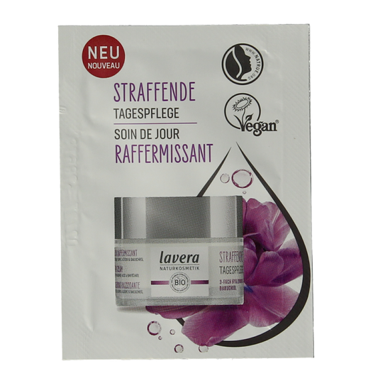 Lavera Sample firming day cream for facial skincare, 100 units, in a white jar with a green label, showing the product inside.