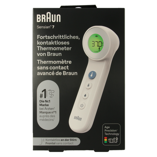 Braun BNT 400WE forehead thermometer showing digital display and probe tip for accurate temperature measurement