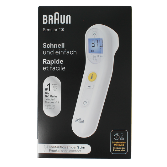 Braun Sensian 3 forehead thermometer, digital device in white with display screen, used for measuring body temperature