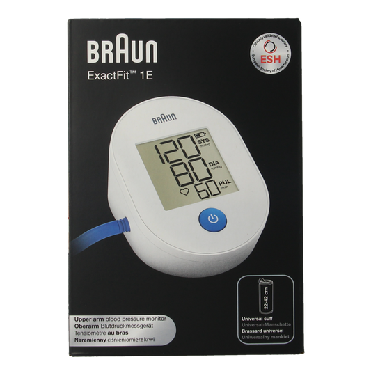 Braun Exactfit 1E upper arm blood pressure monitor with cuff, digital display, and control buttons for accurate blood pressure readings.