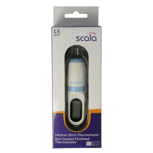Scala Voorhoofdthermometer SC8721 showing digital display and probe for accurate forehead temperature measurement.
