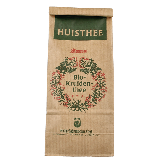 Sano Huisthee bio 70g, organic herbal tea in a clear packaging, featuring dried herbs and tea leaves.