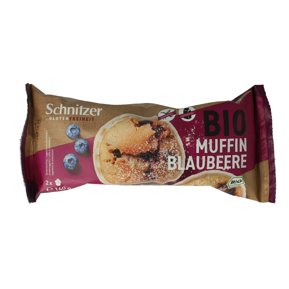 Schnitzer blueberry gluten-free organic muffin in a 140g package, showing a golden-brown muffin with blueberries inside.