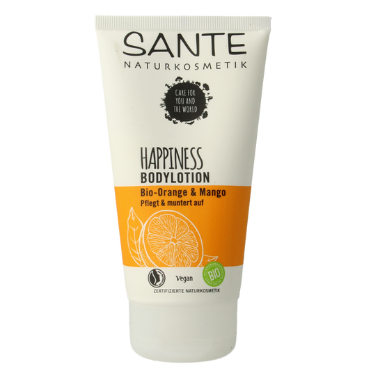 Sante Happiness body lotion in 150ml bottle showing the product with floral and natural design elements